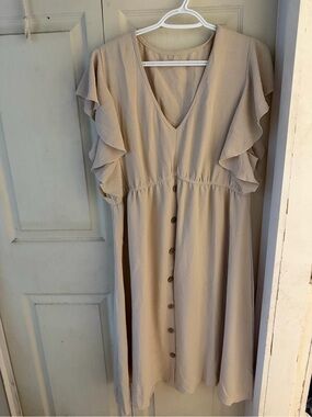 Flutter-Sleeve Button-Front Midi Dress in Taupe